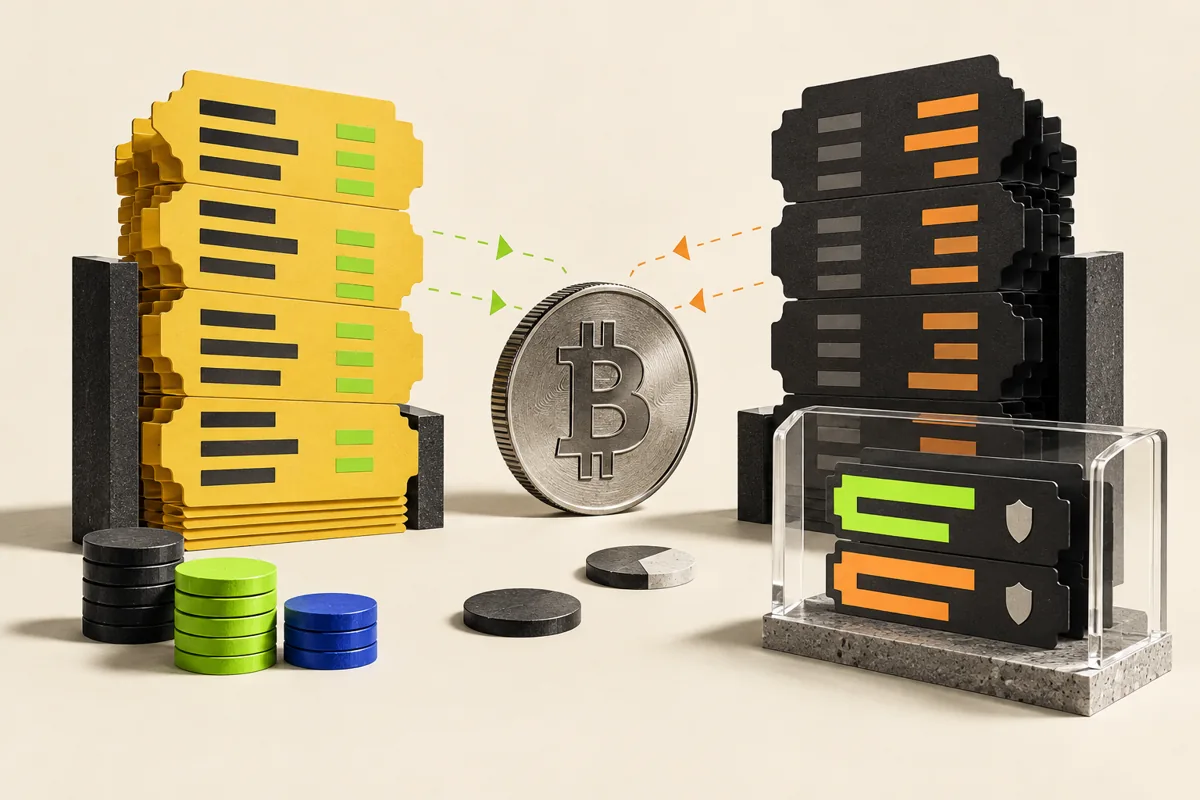 Bitcoin between two stacks of order tickets, with a transparent bracket protecting exit orders.