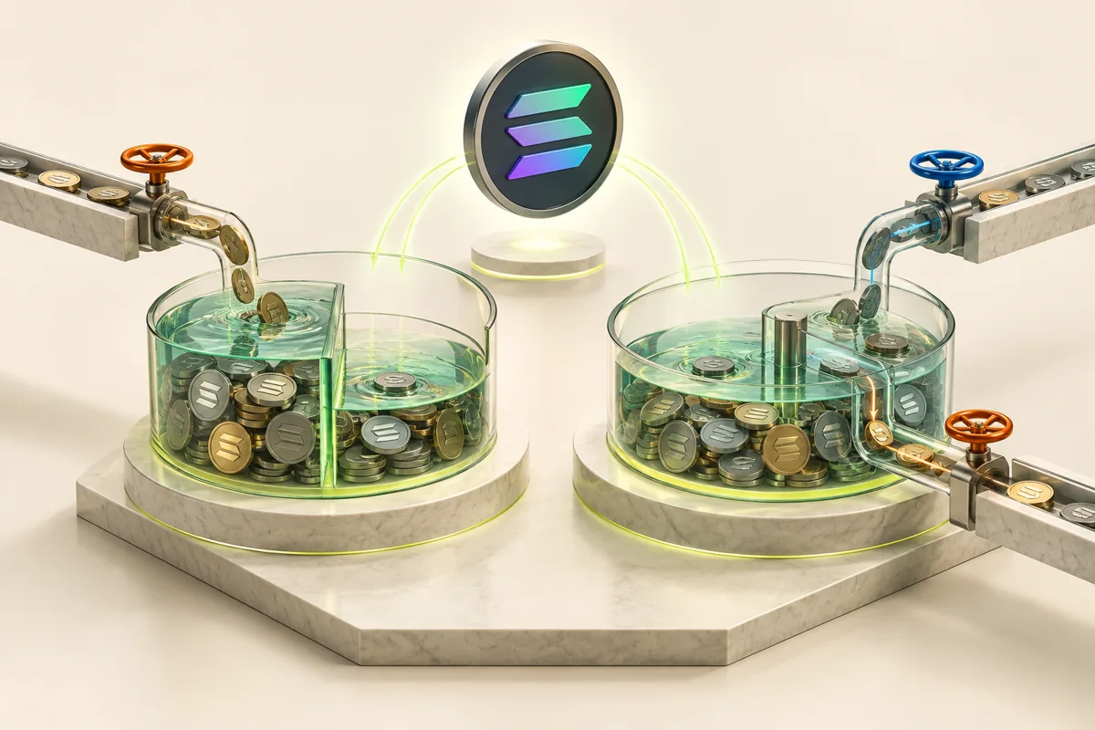 Two transparent liquidity reservoirs with different valves and a Solana token, illustrating pool choice and borrowing.