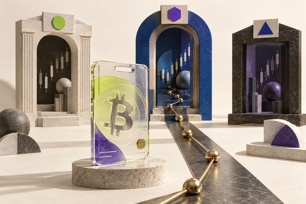 A crypto account key beside three distinct gateways, representing regional access to different futures products.