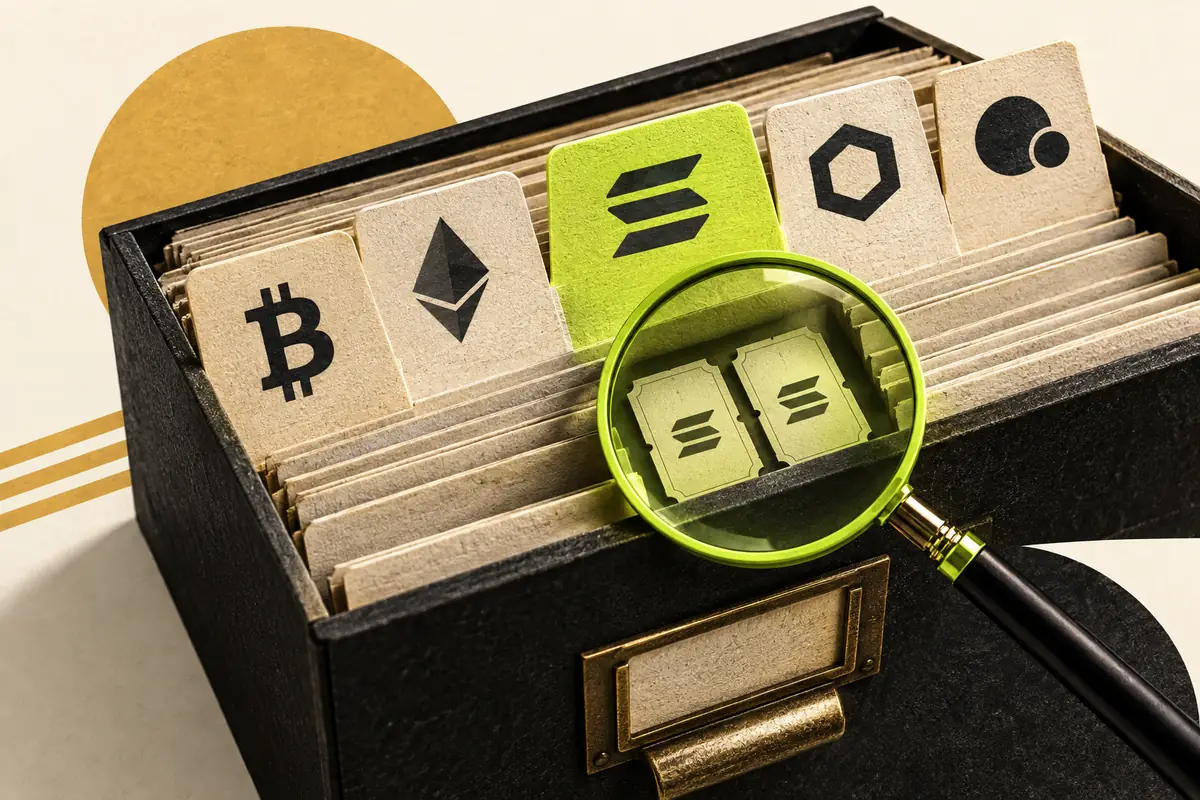 An open crypto contract catalog with Bitcoin, Ethereum and altcoin tabs, and a lens selecting a matching pair of futures tickets.