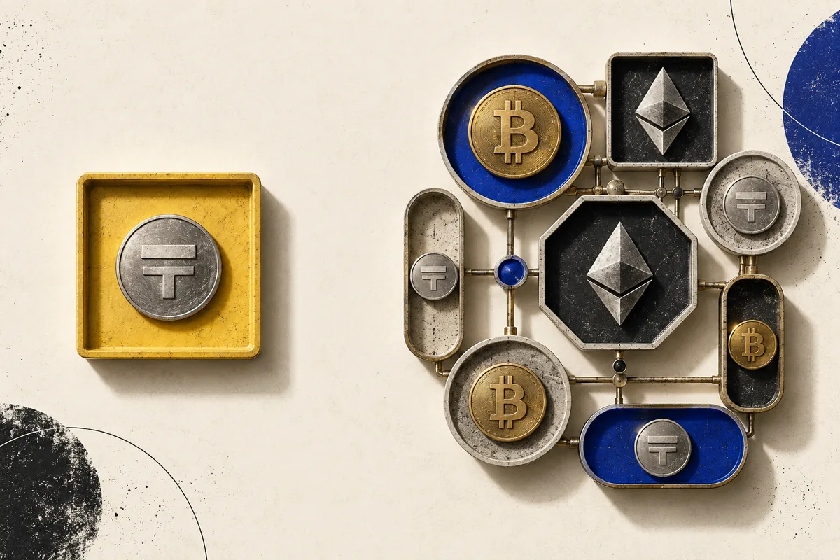 A USDT token in a separate tray beside connected trays holding BTC, ETH and stablecoin tokens, illustrating dedicated and shared futures collateral.