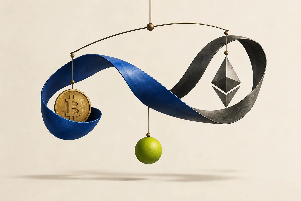 Suspended Bitcoin and Ethereum shapes balanced by separate ribbons and a counterweight, representing coordinated positions in a shared futures account.