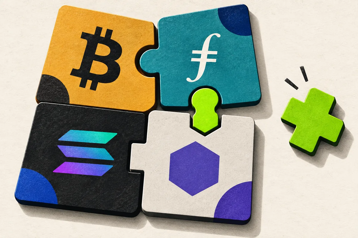Four interlocking crypto contract cards with Bitcoin, Filecoin, Solana and an altcoin symbol, joined by a lime connector.