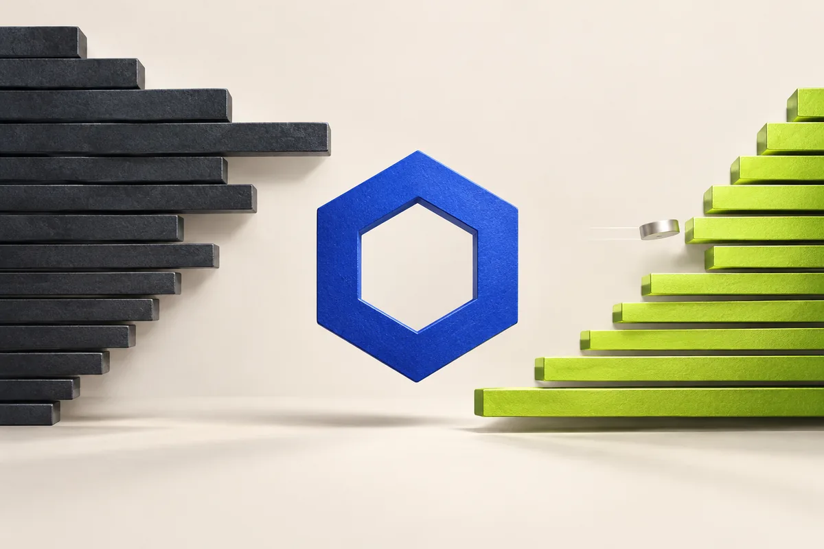 A blue Chainlink hexagonal ring between staggered charcoal and lime order-book bars, with a small silver order token approaching.