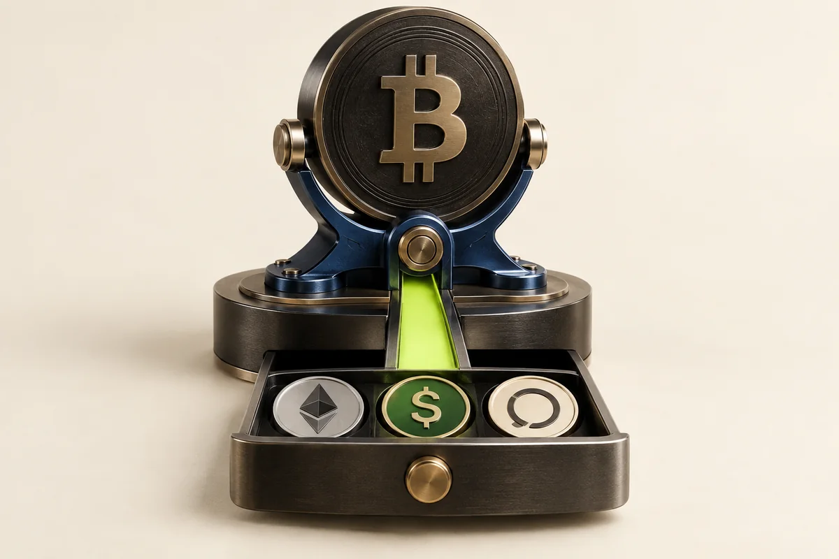 An upright Bitcoin trading instrument supported by a separate drawer of Ethereum and stablecoin tokens, illustrating collateral distinct from traded exposure.