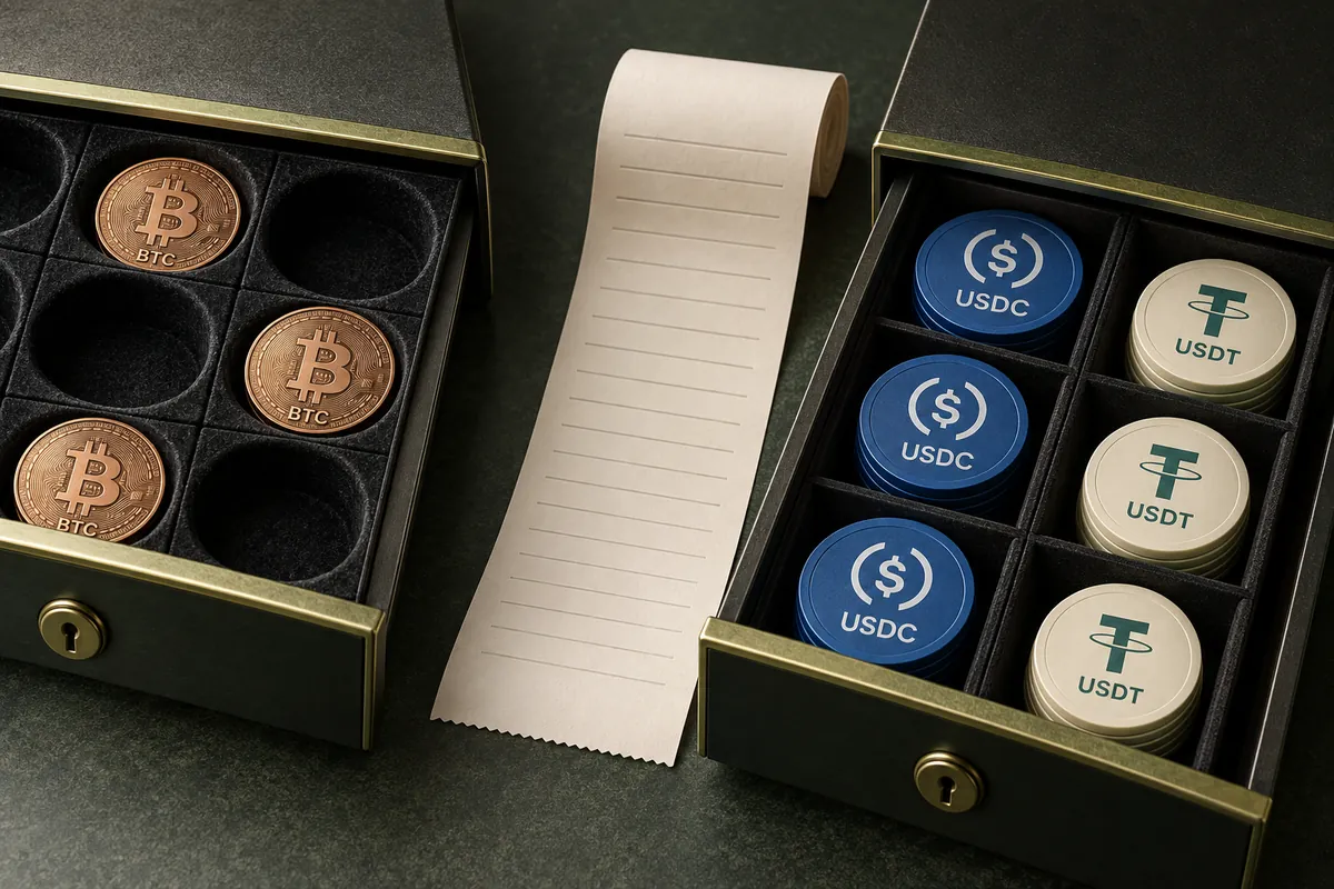 Separate drawers hold Bitcoin tokens and USDC and USDT chips with an accounting receipt between them, emphasizing different currencies for collateral and futures settlement.