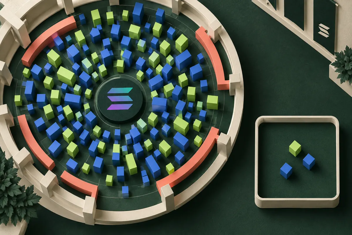 A crowded SOL auction floor surrounds a central token beside a separate three-block account tray, showing market-wide activity versus one trader’s own exposure.
