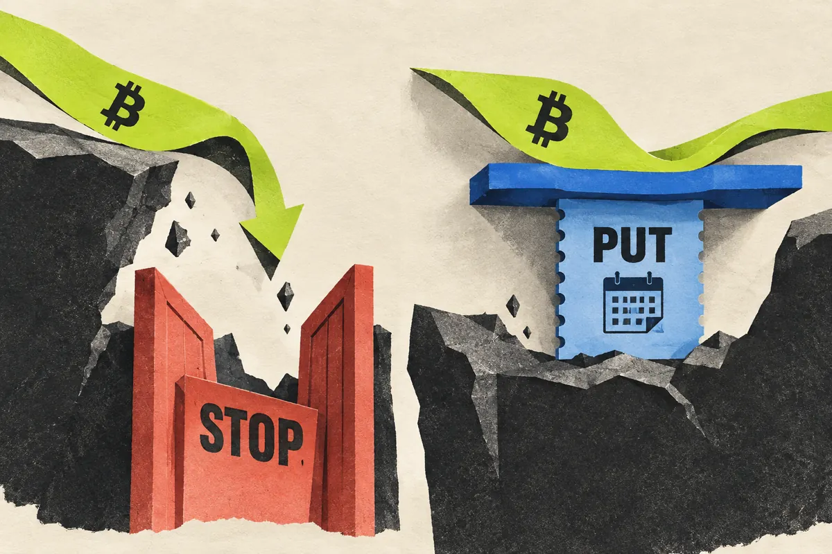A descending Bitcoin ribbon crosses a stop gate while a second ribbon rests on a put ticket with an expiry calendar, contrasting an exit trigger with paid protection.