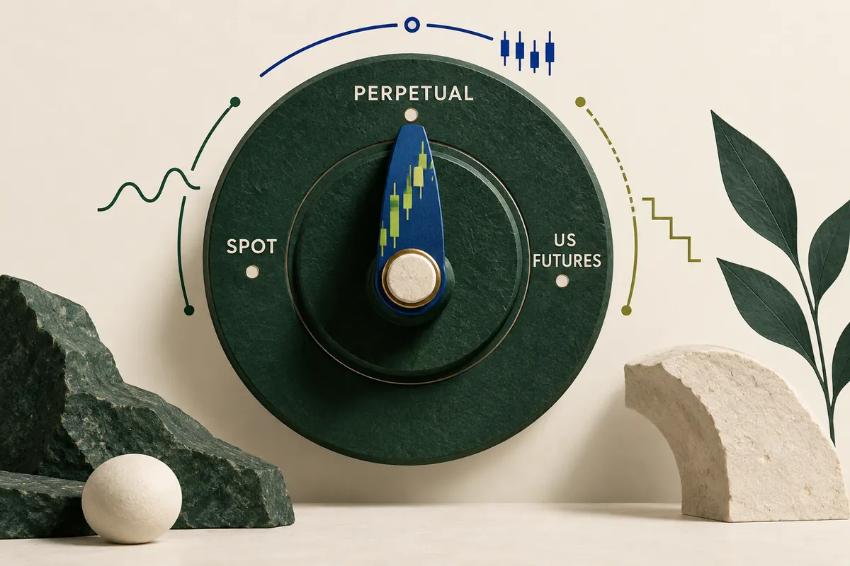 A crypto trading product selector points to perpetual contracts, separating them from spot trading and US futures.