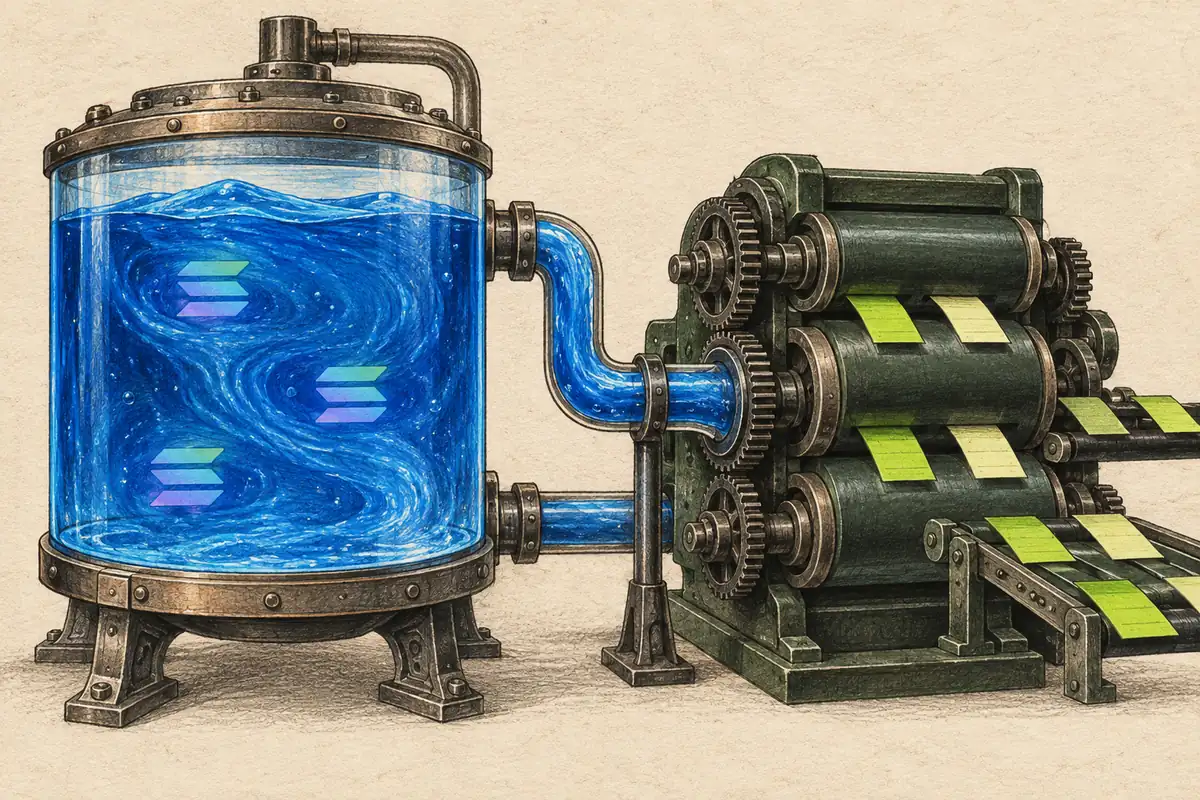 Solana liquidity illustrated as a continuous reservoir beside discrete exchange orders, contrasting Jupiter’s SOL pool with Binance’s order book.