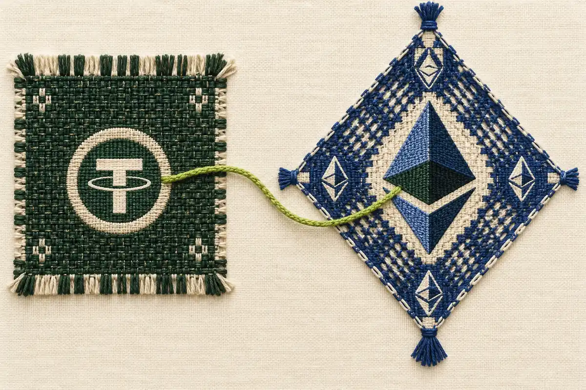 Woven Ethereum and USDT emblems joined by a lime thread, showing distinct collateral and settlement choices for an ETH futures account.