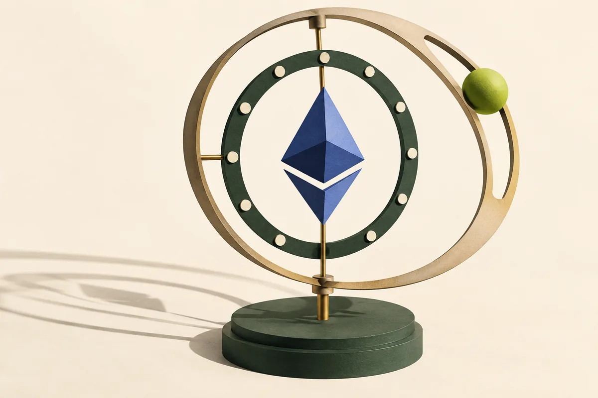 An Ethereum diamond suspended inside concentric sculptural rings, representing funding events accumulated while an ETH perpetual position remains open.