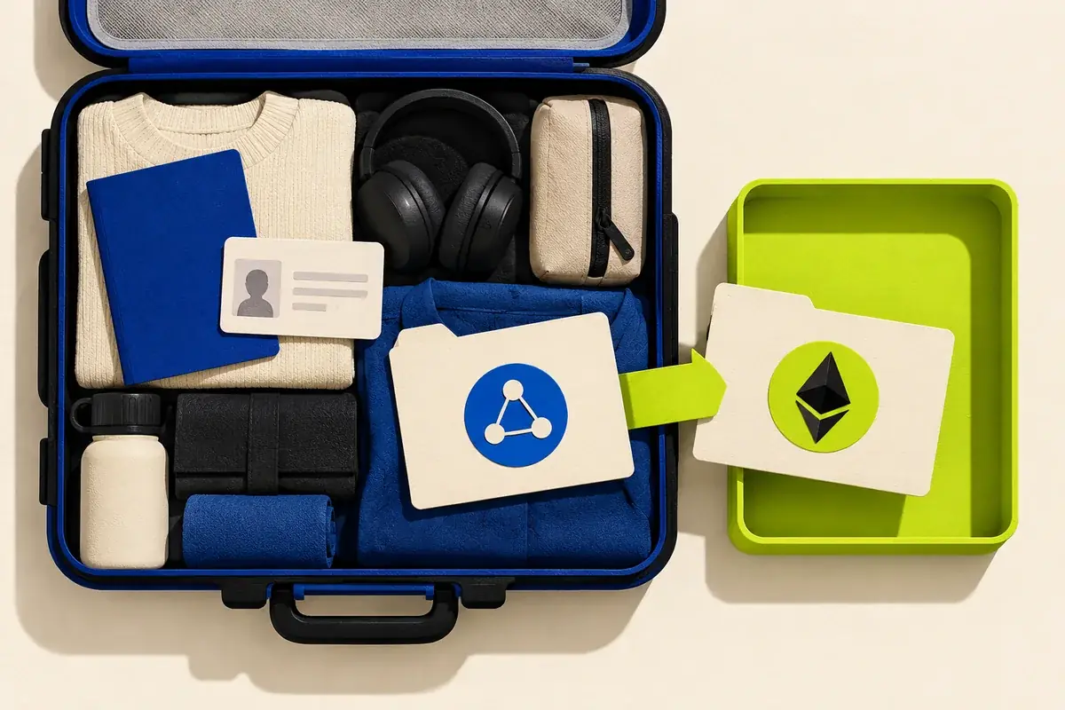 A suitcase, residence card and separate account folders illustrate a move to the UAE that can also change the provider serving a crypto account.
