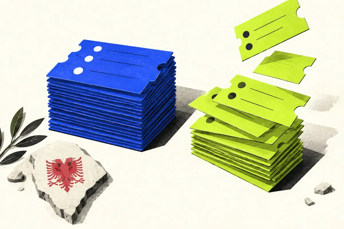 Cobalt resting-order tickets beside lime immediate-order tickets, with a small Albanian eagle motif