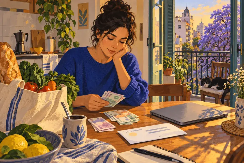 Painted scene of a Buenos Aires resident sorting household money beside groceries and a closed laptop, with city buildings outside the balcony