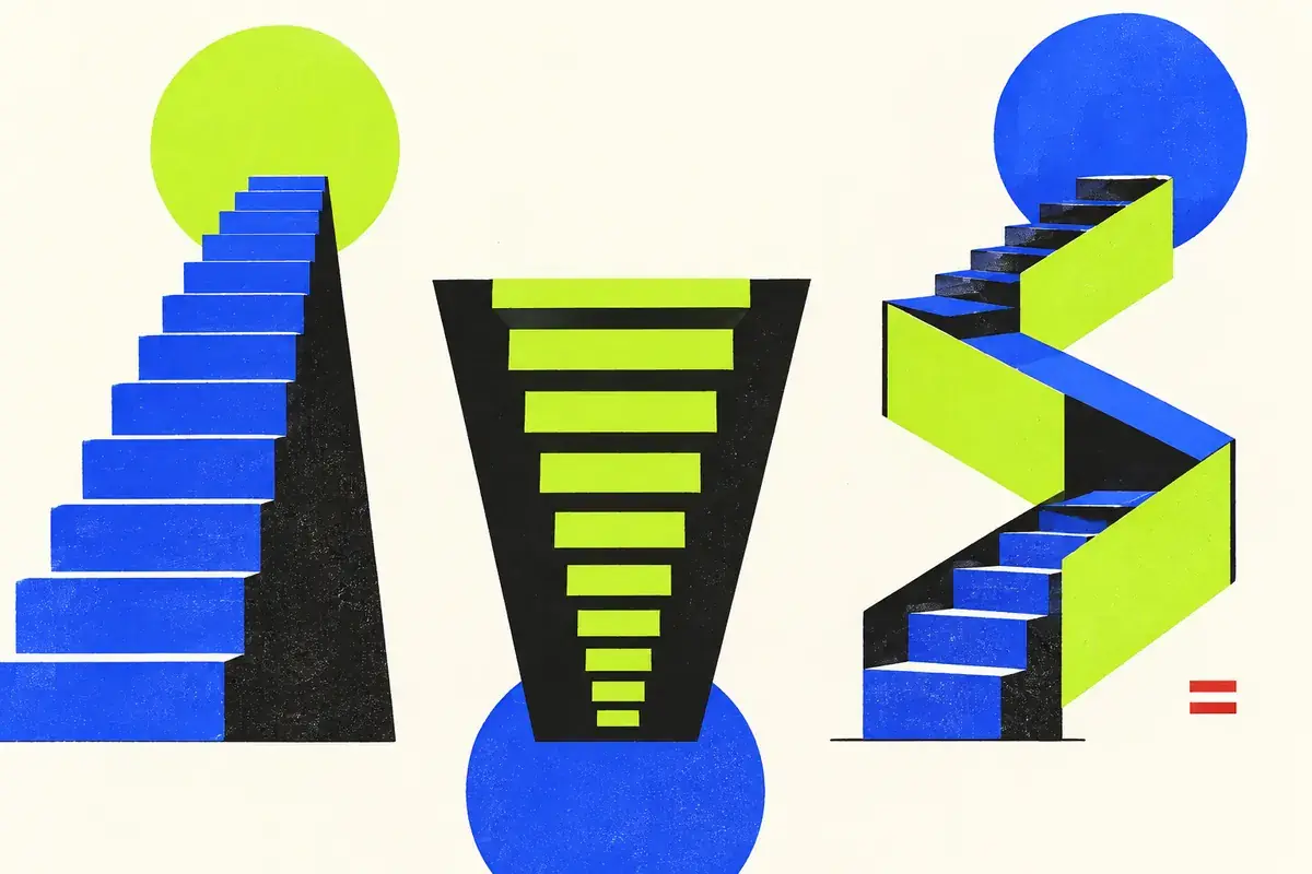 Modernist cobalt and lime stair forms rising, falling and connecting two directions