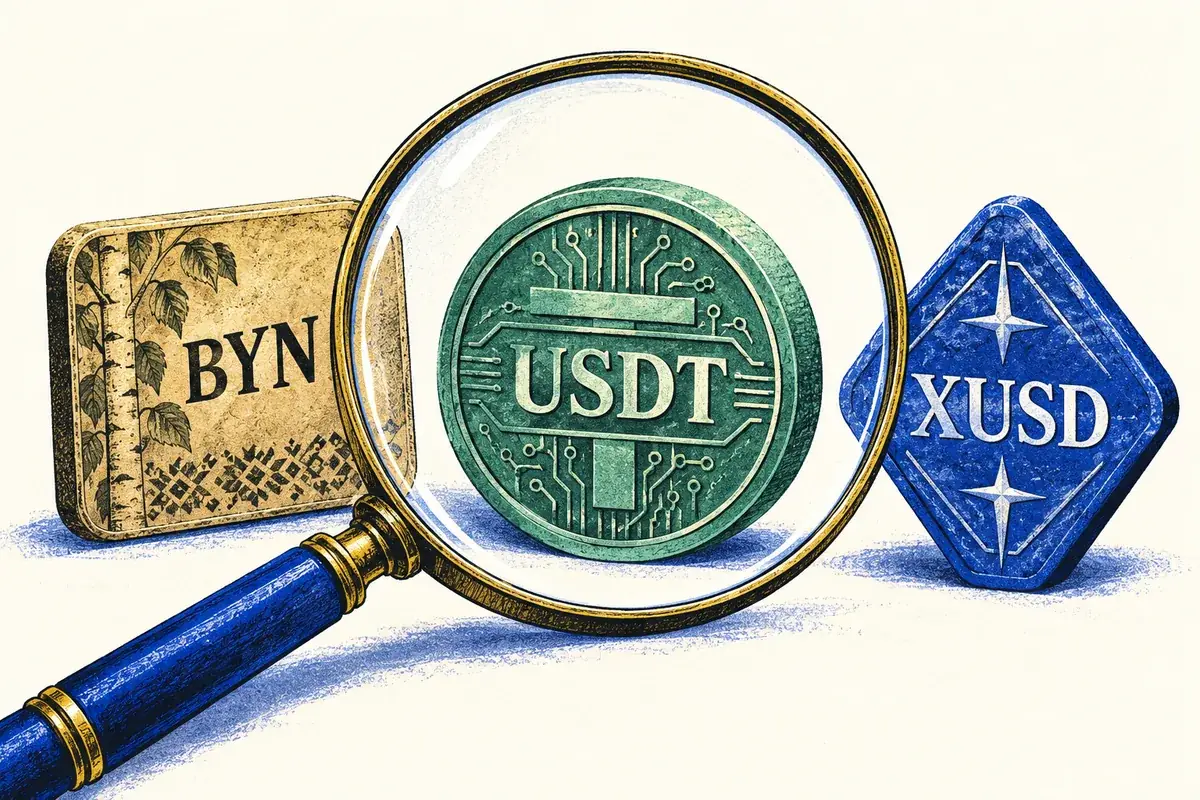 A magnifying glass distinguishes BYN, USDT and XUSD currency plaques