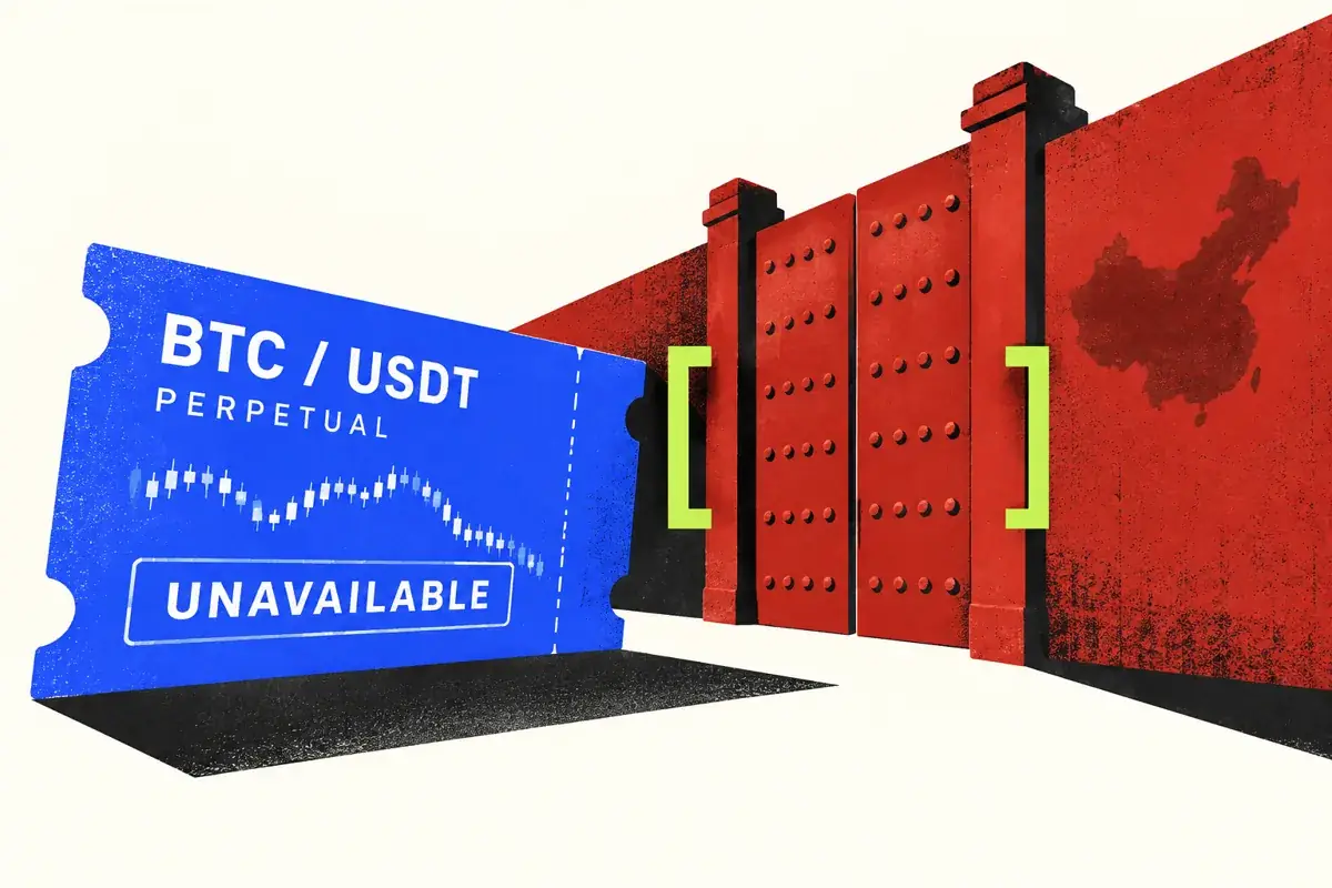 A BTC-USDT perpetual order ticket stops at a closed service boundary representing the mainland China restriction.