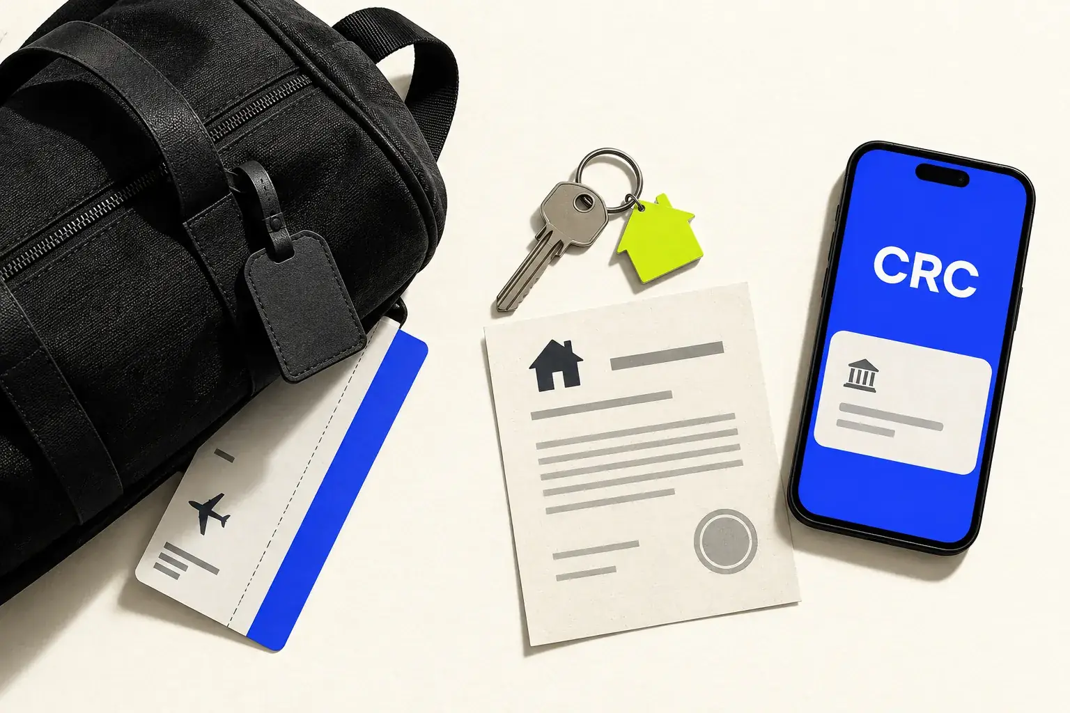 Travel bag and boarding pass separated from a home key, generic residence document and CRC bank screen.