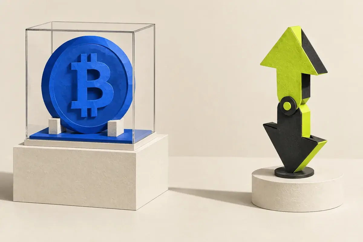 A Bitcoin token in a display case sits separately from a two-direction arrow sculpture.