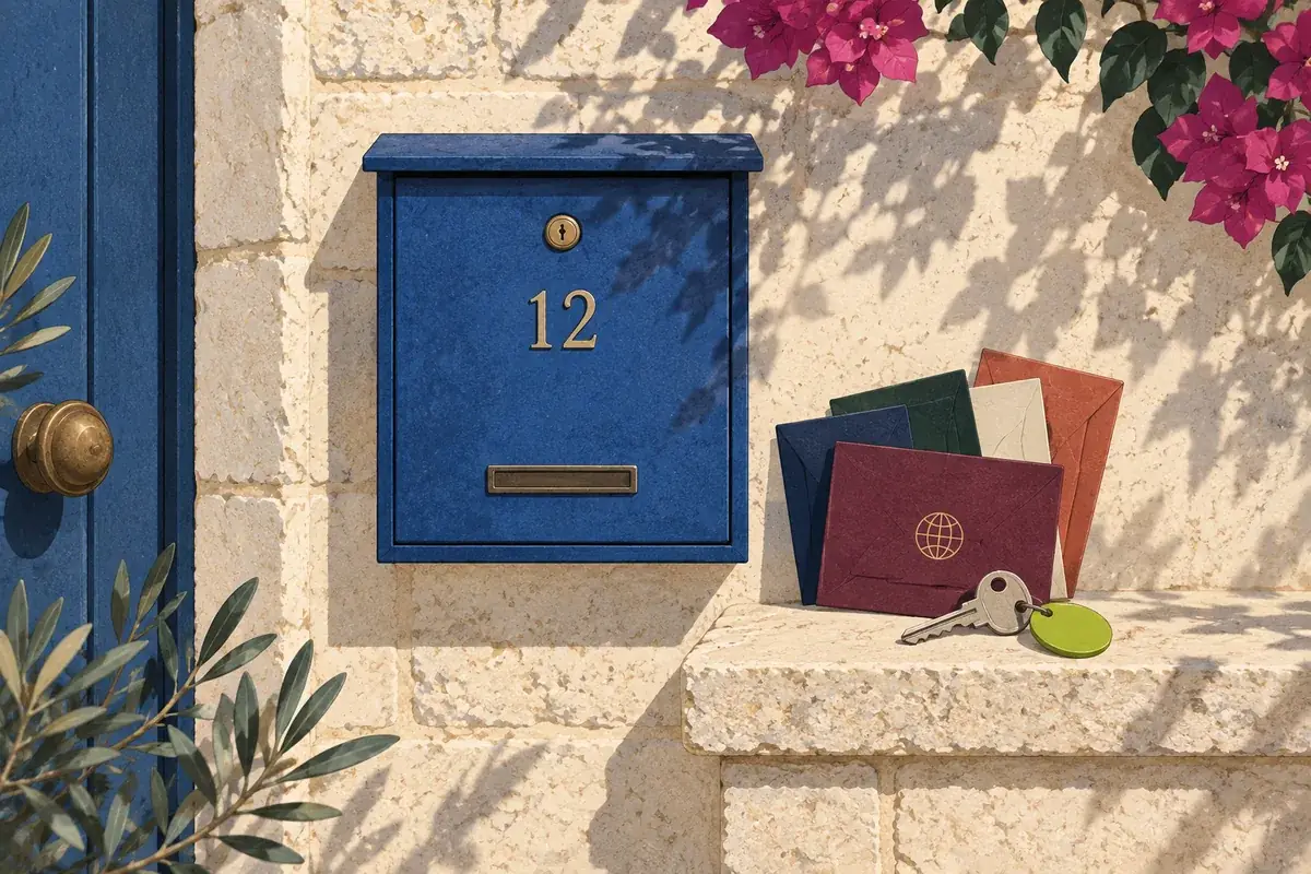 A blue mailbox, house key and several document envelopes represent one home with international connections.
