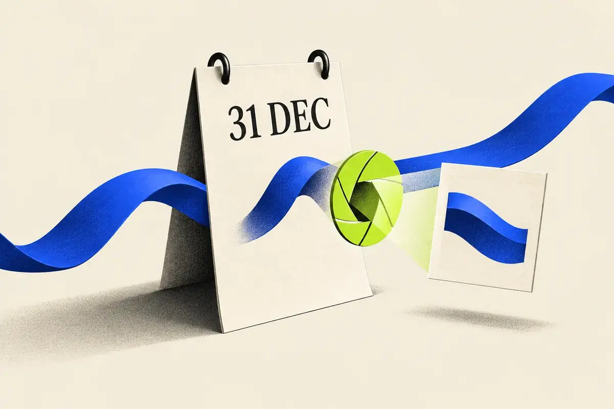 A continuing crypto price ribbon passes through a 31 December calendar while a shutter captures its value at that point.
