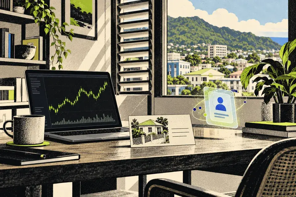Illustrated Roseau-inspired workroom with a physical address card and a separate floating digital identity token beside a crypto chart.