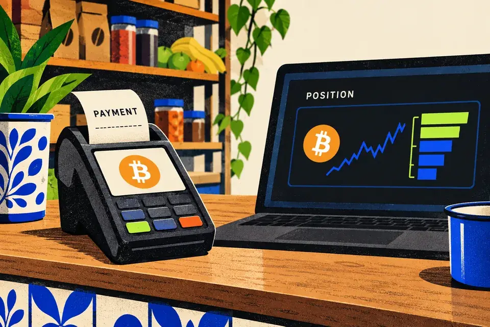 A Bitcoin payment terminal and receipt beside a separate laptop displaying a leveraged Bitcoin position.