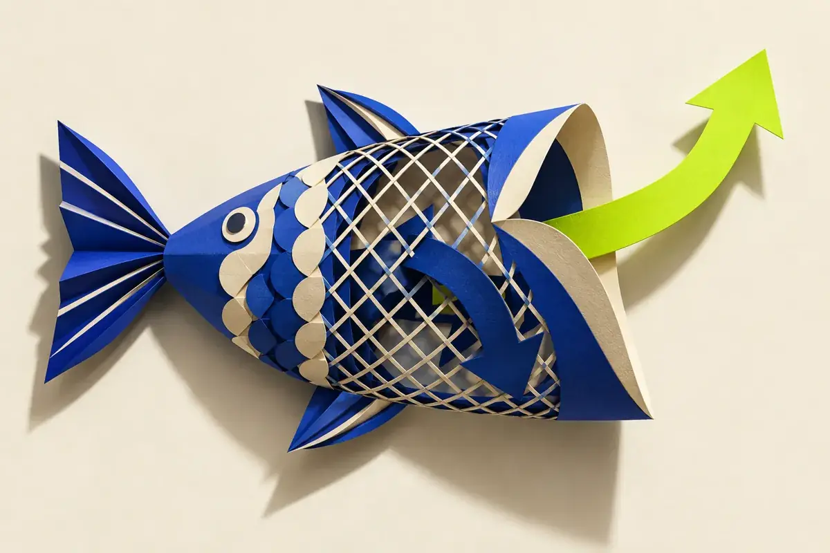 A rising arrow passes through a paper trap while a returning arrow cannot pass its mesh.