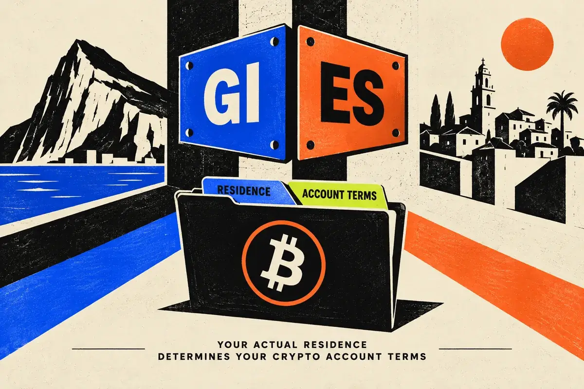 GI and ES address signs above a Bitcoin account folder representing residence-based account terms.