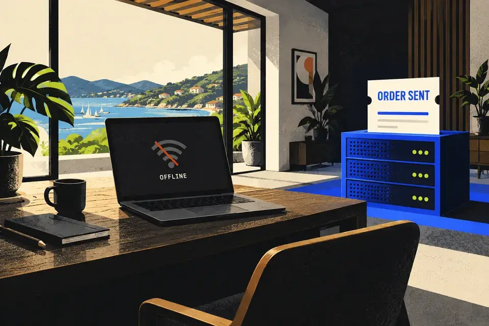 An offline laptop in a contemporary Grenadian coastal workspace, next to a separate server and an order-sent ticket.
