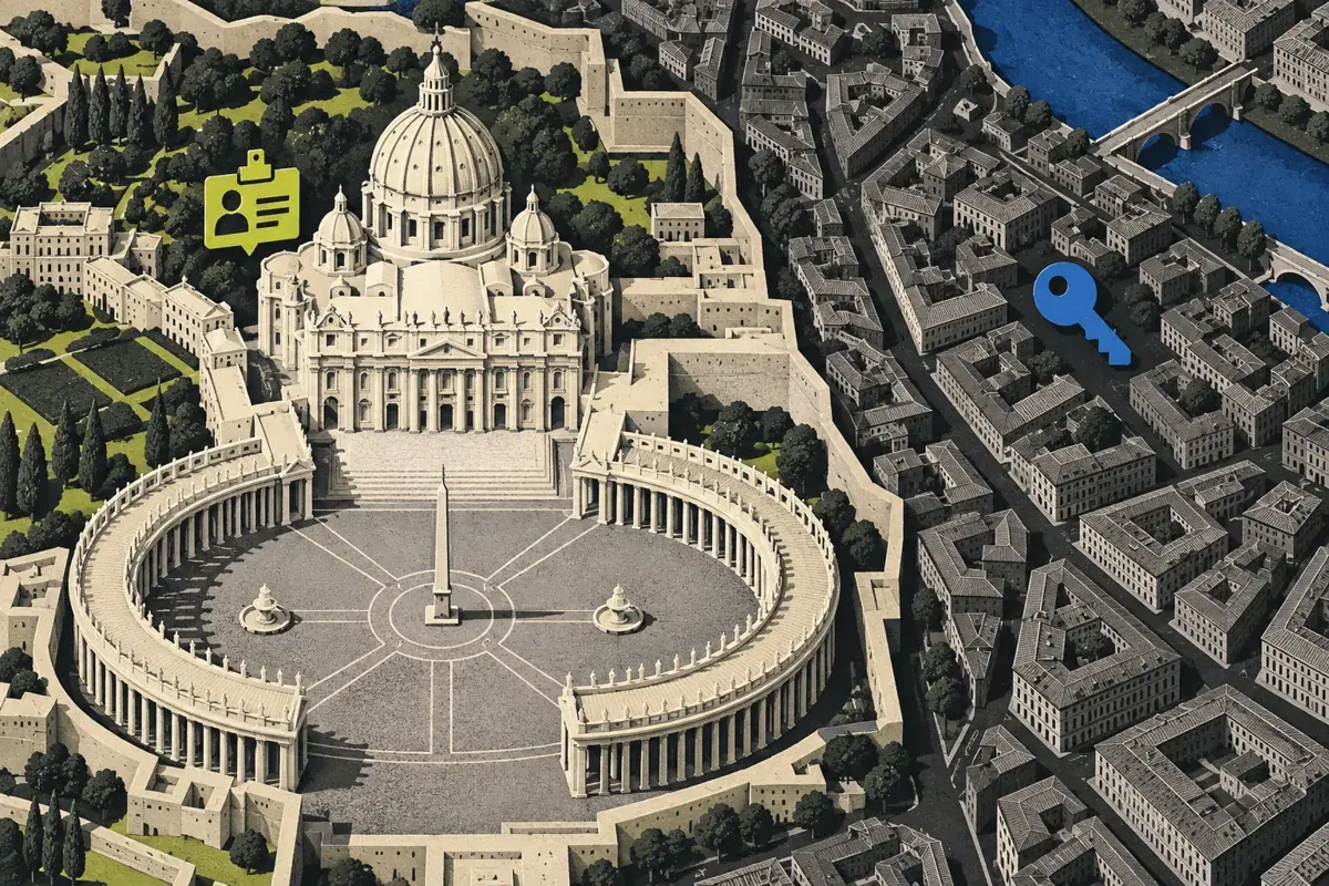 Architectural illustration of Vatican City beside Roman neighbourhoods, with separate work-badge and home-key symbols.