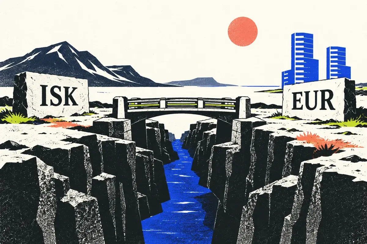 A basalt bridge links ISK and EUR markers beside abstract trading books.