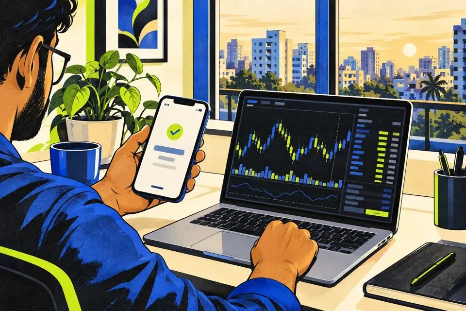 A modern Indian apartment workspace shows a completed phone payment beside a separate crypto trading screen.