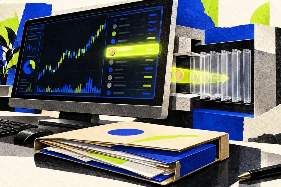 Conceptual trading terminal beside a document folder, with the transfer channel separated from the market screen
