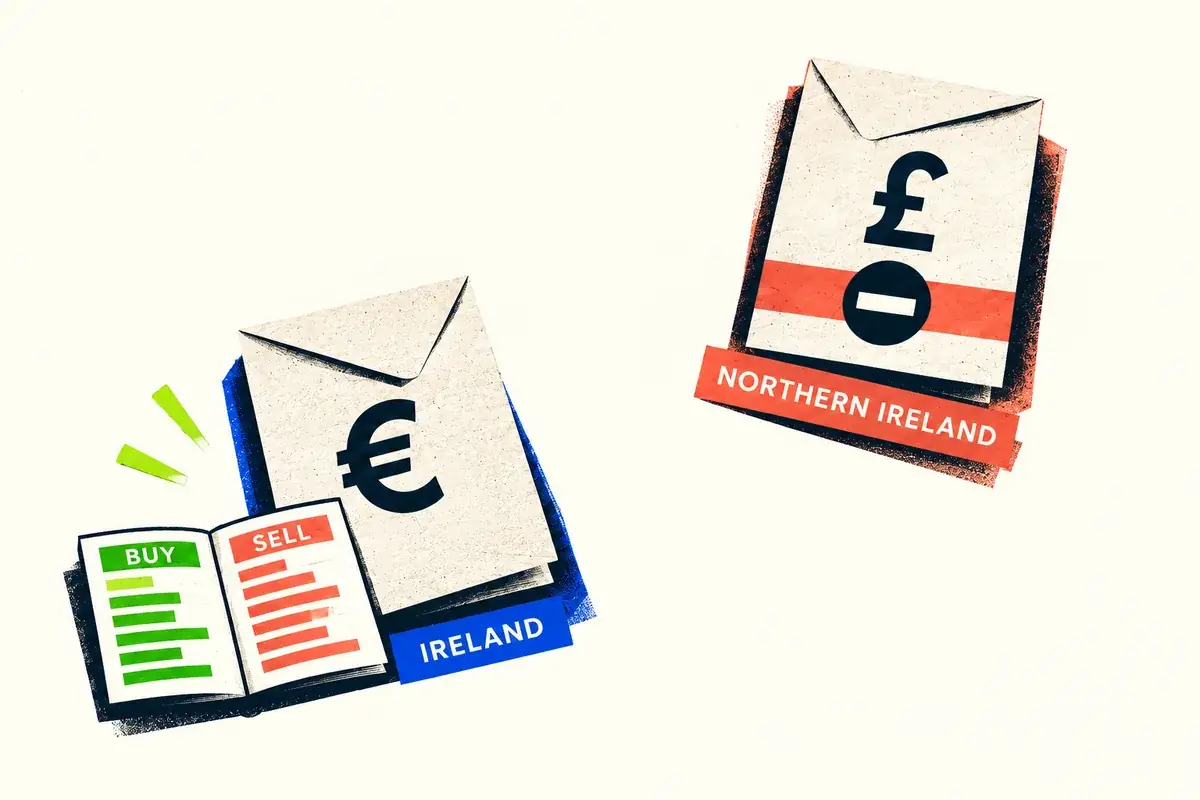 Two labelled envelopes distinguish Ireland and Northern Ireland, with separate euro and sterling symbols.