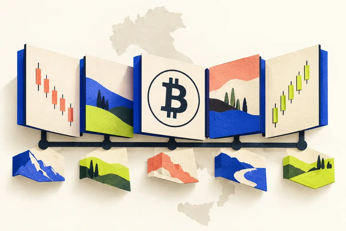Folded Bitcoin and long-short trading panels share one supporting rail above varied regional shapes.