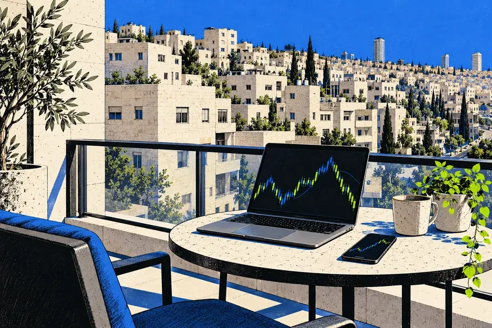A laptop and phone on a modern Amman balcony overlooking limestone residential buildings