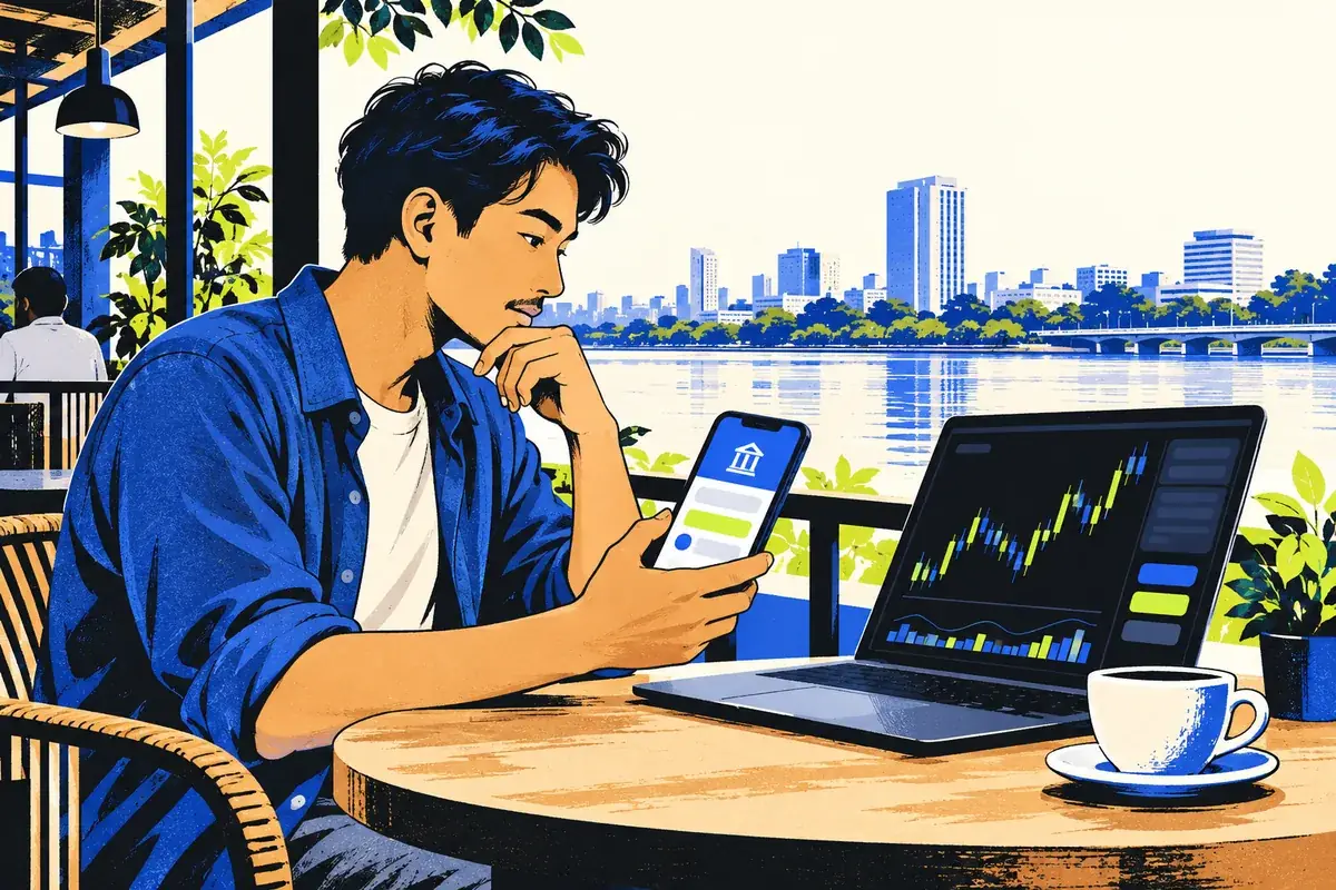 A trader in a contemporary Vientiane riverside workspace compares a banking phone screen with a crypto trading laptop.