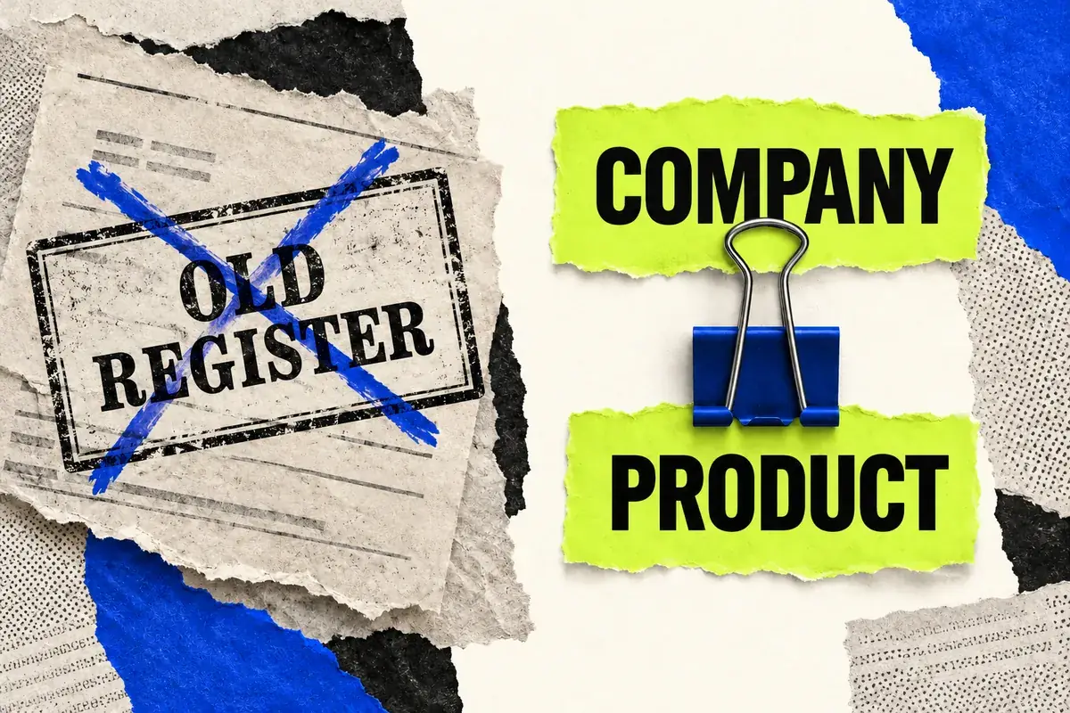 A crossed-out old registration stamp sits beside two lime labels, Company and Product, joined by a blue clip.