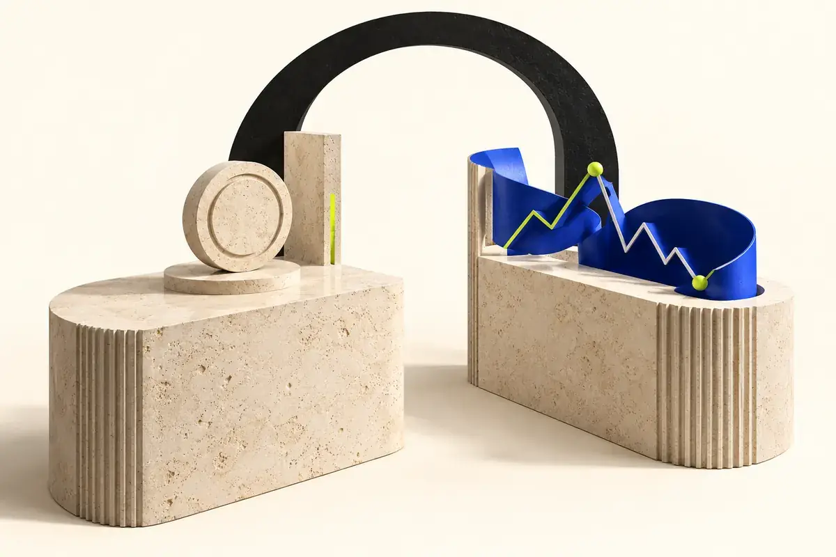 Two limestone counters under one arch, separating a coin service from a derivatives service