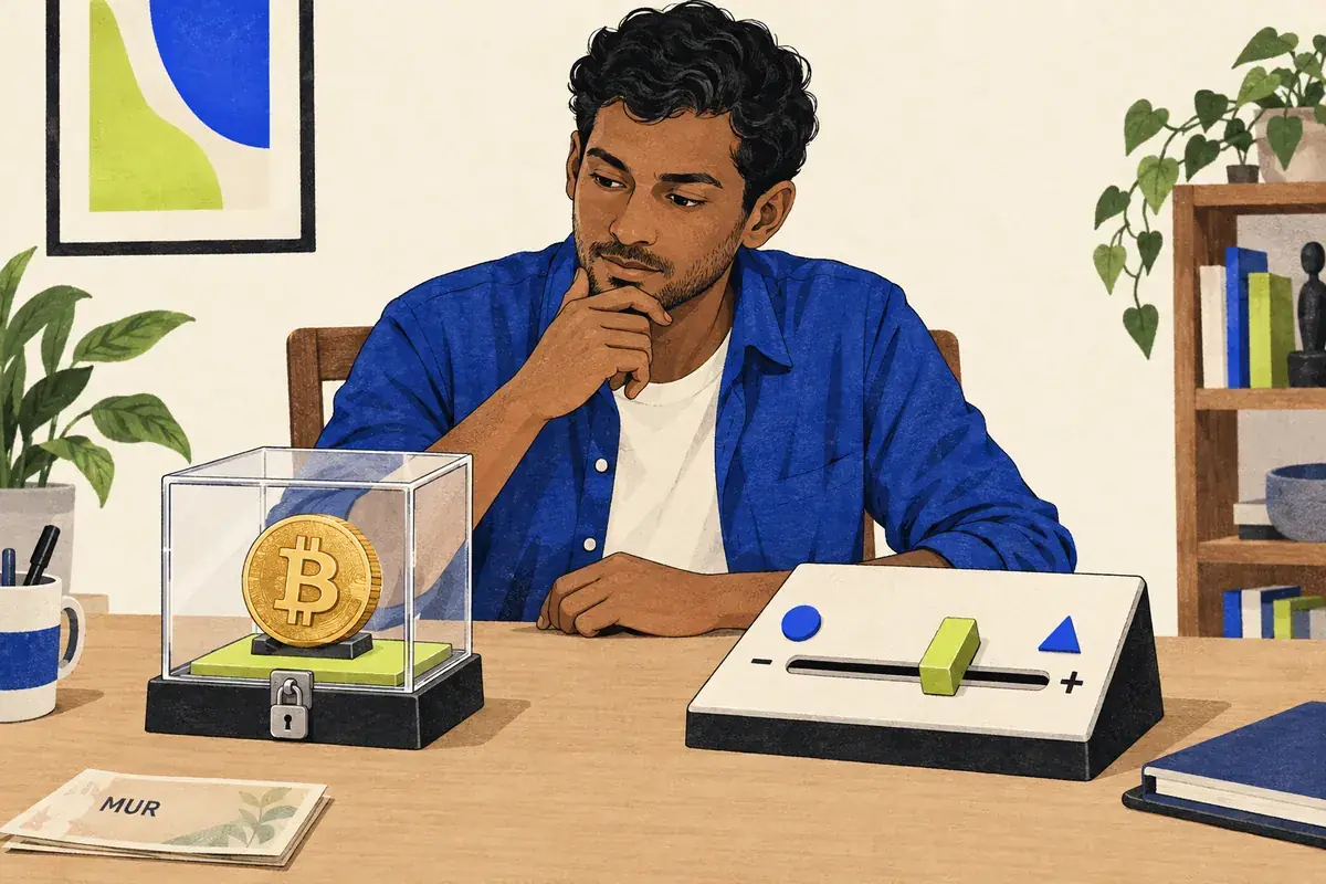 A Mauritian reader considers a Bitcoin custody case and a separate control for leveraged exposure beside a MUR document.