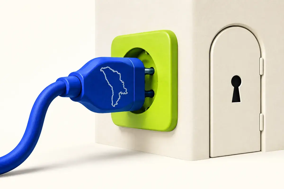 A Moldova-marked plug connected to a payment socket beside a separately locked account door