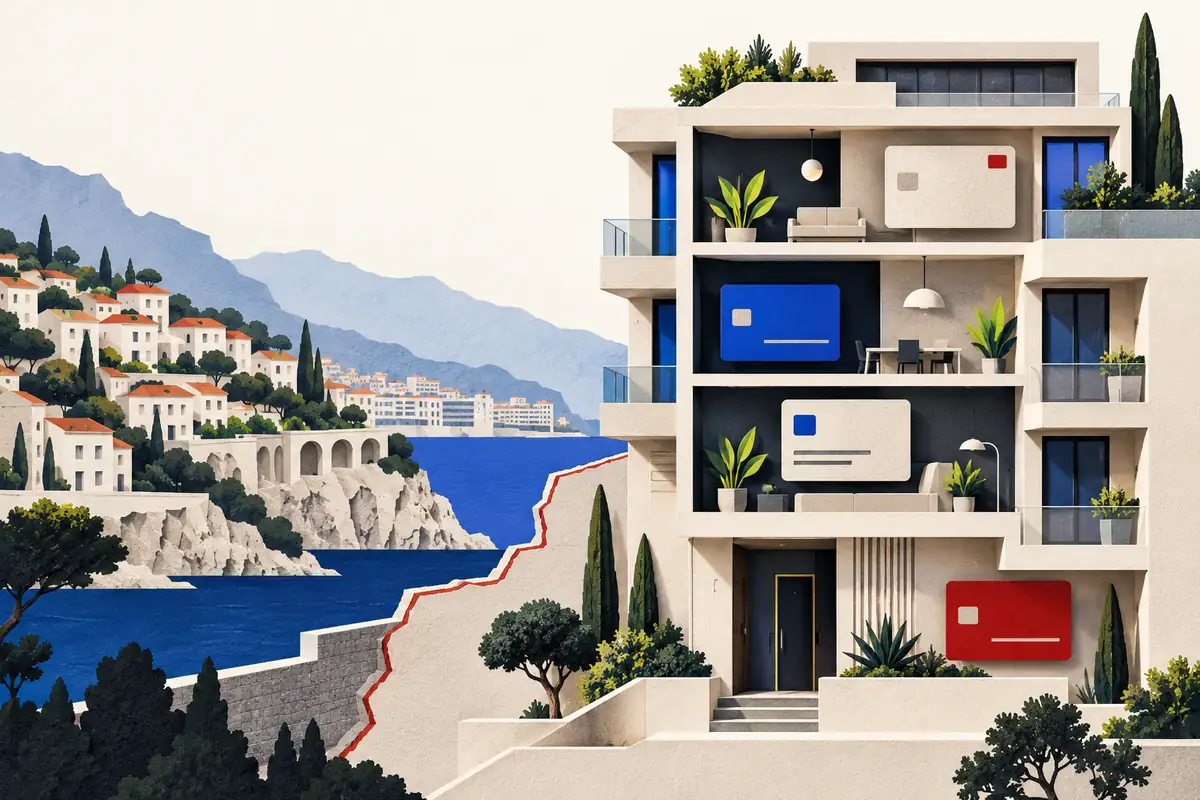 Cutaway apartment building with different identity cards, illustrating foreign nationals sharing a Monaco residence framework