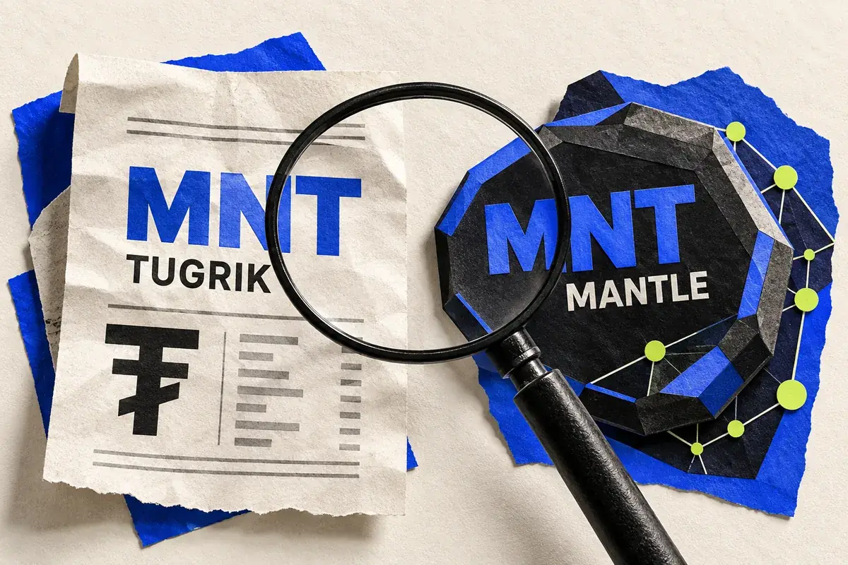A tugrik bank receipt and a Mantle crypto token share the letters MNT but represent different assets.