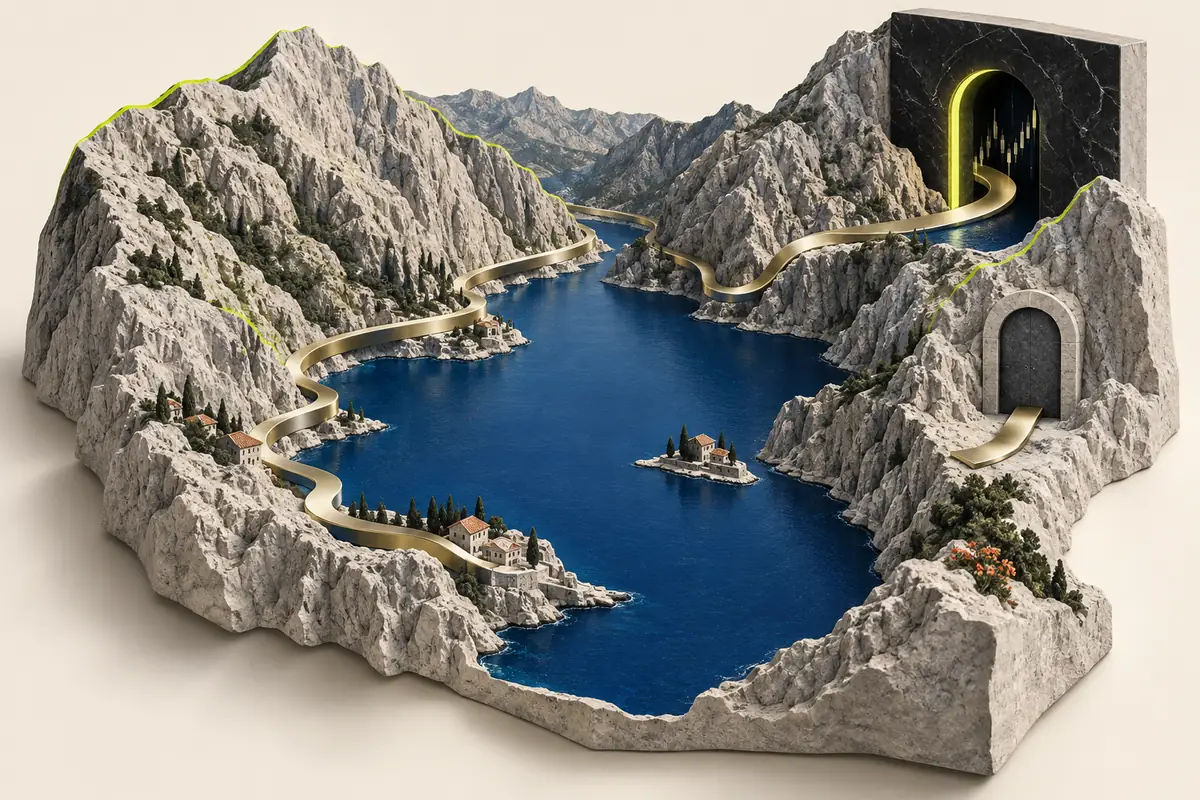 Sculpted Bay of Kotor with euro-coloured payment ribbons reaching different market entrances
