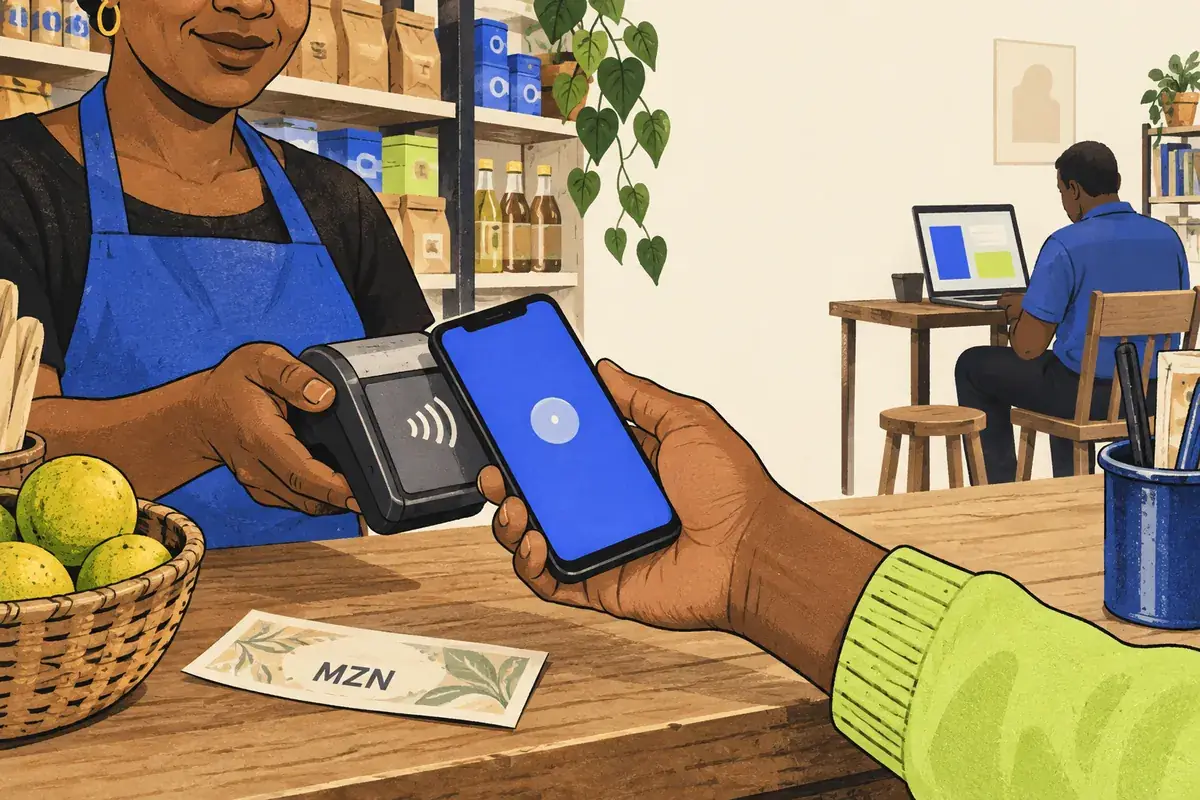 A local MZN payment at a Mozambican shop is shown separately from a trading laptop farther away.