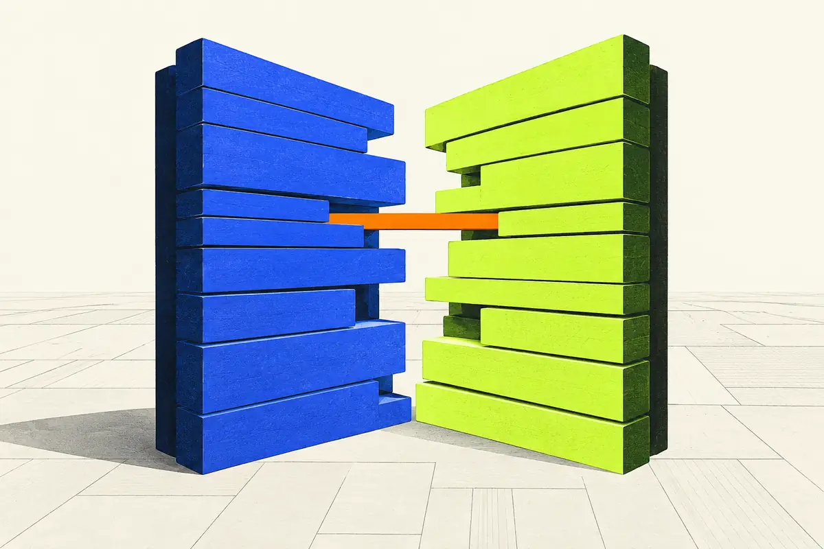 Cobalt and lime order-book blocks meeting at an orange execution line