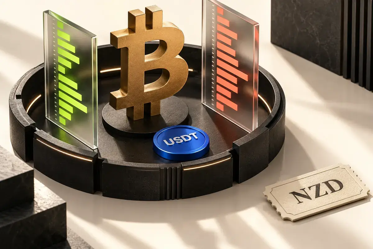 Bitcoin between futures order books, with an NZD funding ticket outside the trading account and USDT margin inside.