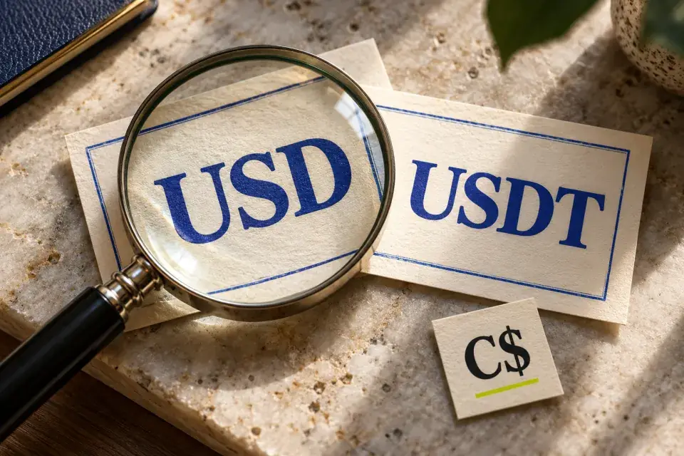 A magnifying glass separates USD from a USDT label, with a smaller C$ card representing the Nicaraguan purchase price.